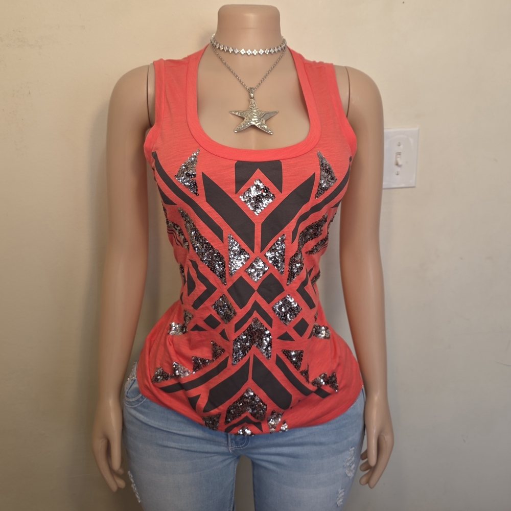 Express Coral Pink Sequin Geometric Tank Top